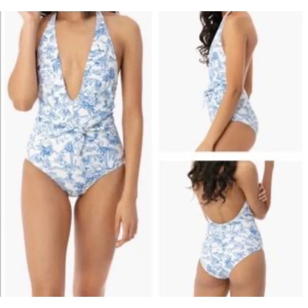 Tory Burch Safari Toile Tie front Plunge Halter One Piece Swimsuit Sz M Animal